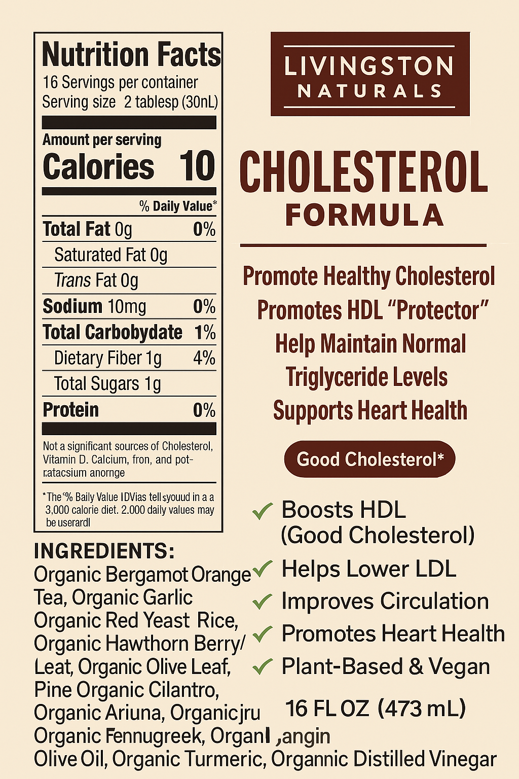 Cholesterol Formula – Natural Support for Healthy Heart & Good Cholesterol (16 oz)